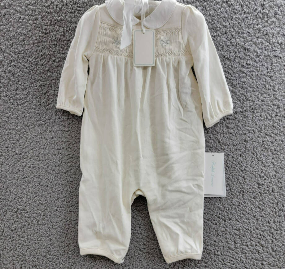 Ralph Lauren Snowflake Smocked Coveralls Baby Girl's 6M White Button Back L/S