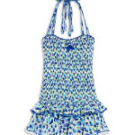 Poupette St. Barth Smocked Bandeau Dress Girls 10 White/Blue Ruffled Tie Closure