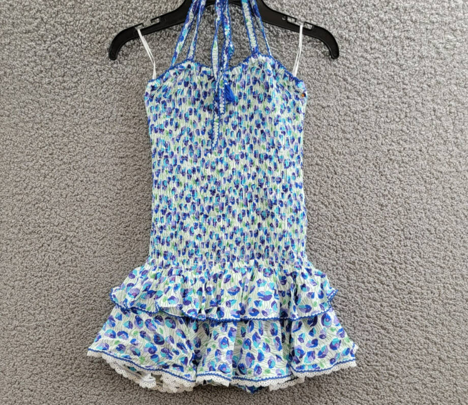 Poupette St. Barth Smocked Bandeau Dress Girls 10 White/Blue Ruffled Tie Closure