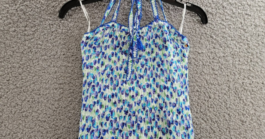 Poupette St. Barth Smocked Bandeau Dress Girls 10 White/Blue Ruffled Tie Closure