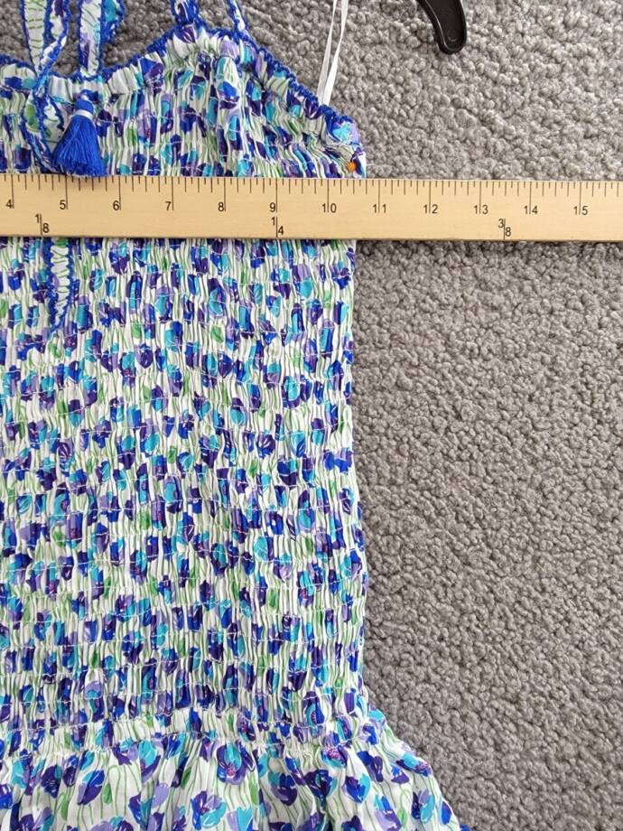 Poupette St. Barth Smocked Bandeau Dress Girls 10 White/Blue Ruffled Tie Closure