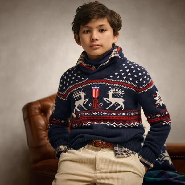 Polo Ralph Lauren Reindeer Wool Blend Shawl Sweater Boys' M (10-12) Navy Multi