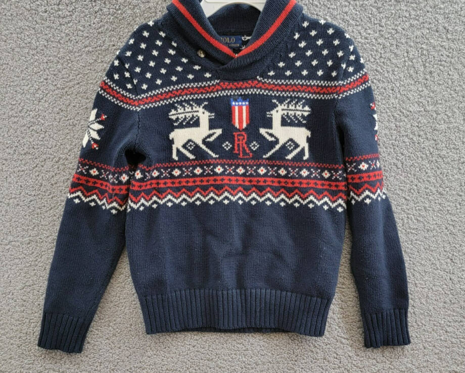 Polo Ralph Lauren Reindeer Wool Blend Shawl Sweater Boys' M (10-12) Navy Multi