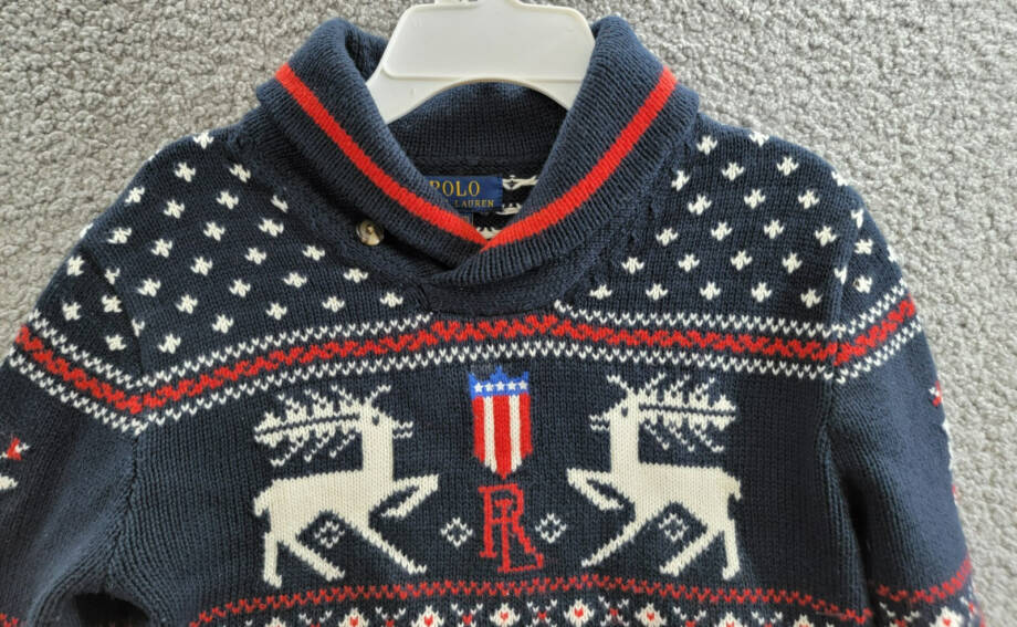 Polo Ralph Lauren Reindeer Wool Blend Shawl Sweater Boys' M (10-12) Navy Multi