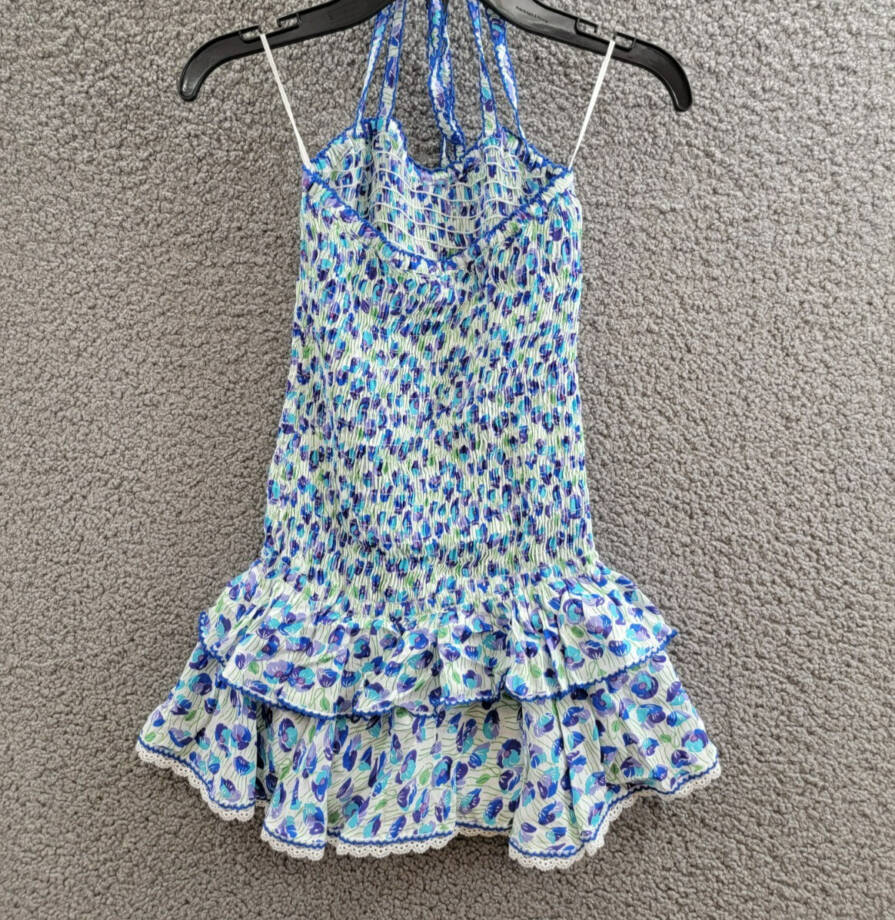 Poupette St. Barth Smocked Bandeau Dress Girls 10 White/Blue Ruffled Tie Closure