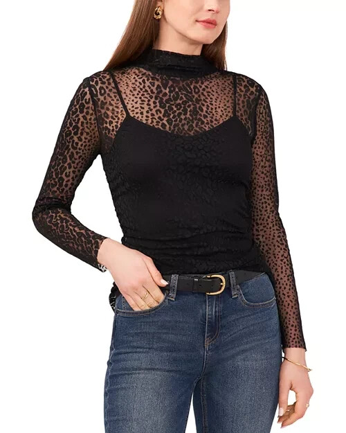 VINCE CAMUTO Mock Neck Mesh Top Women's XXS Black Back Button Pullover L/S