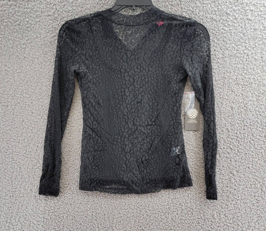 VINCE CAMUTO Mock Neck Mesh Top Women's XXS Black Back Button Pullover L/S