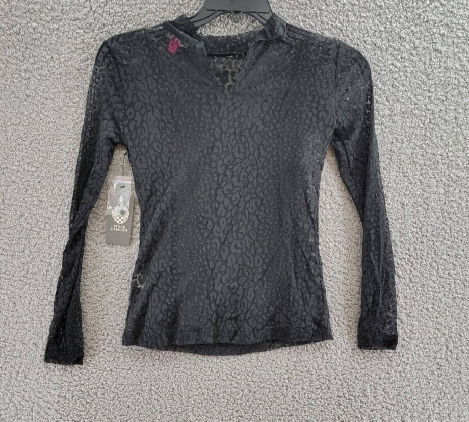 VINCE CAMUTO Mock Neck Mesh Top Women's XXS Black Back Button Pullover L/S