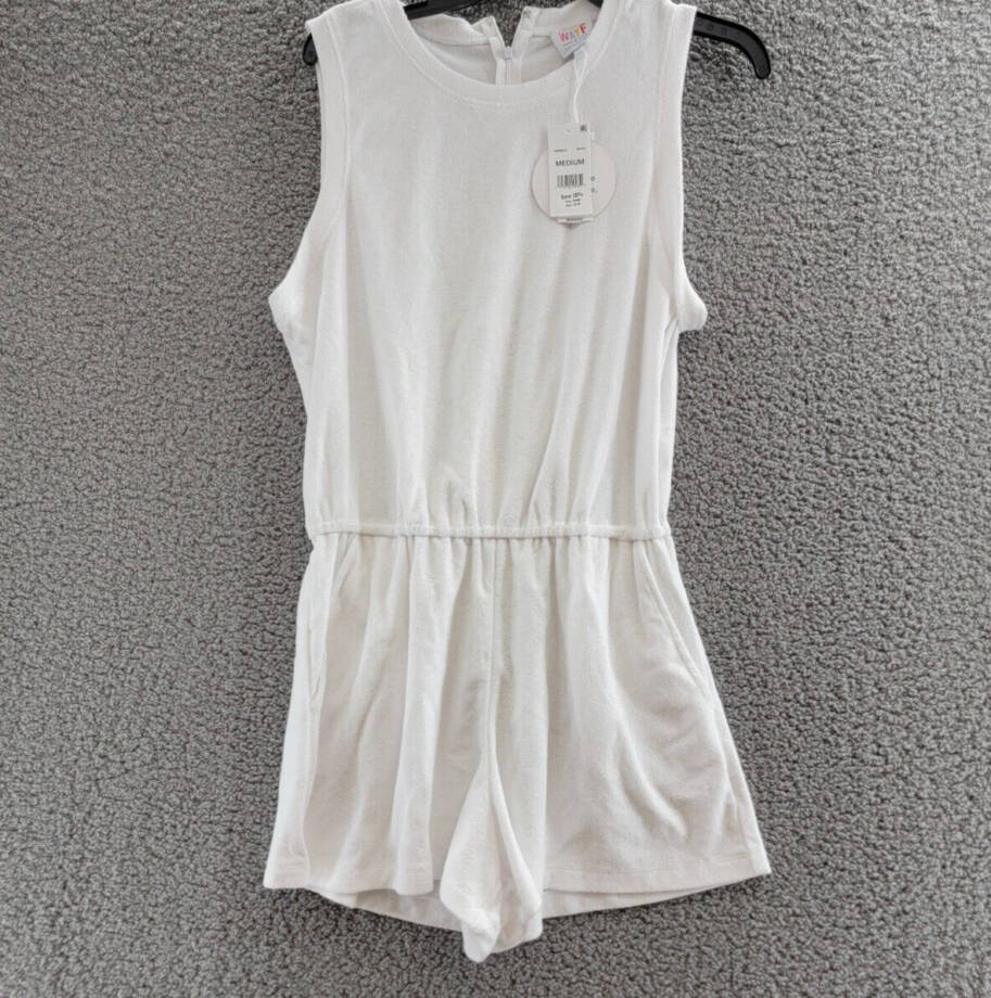 WAYF Sleeveless Terry Romper Women's M White Crew Neck Slit Back Zip Hook & Eye