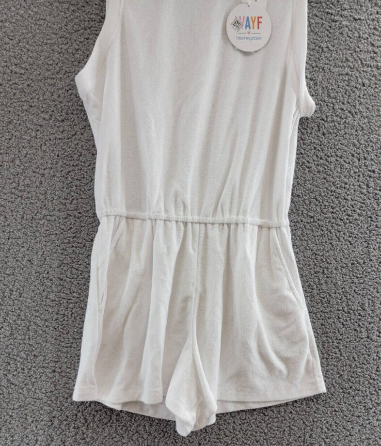 WAYF Sleeveless Terry Romper Women's M White Crew Neck Slit Back Zip Hook & Eye