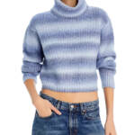 AQUA Ombre Turtleneck Sweater Women's XL Blue Combo Cropped Long Sleeve Pullover