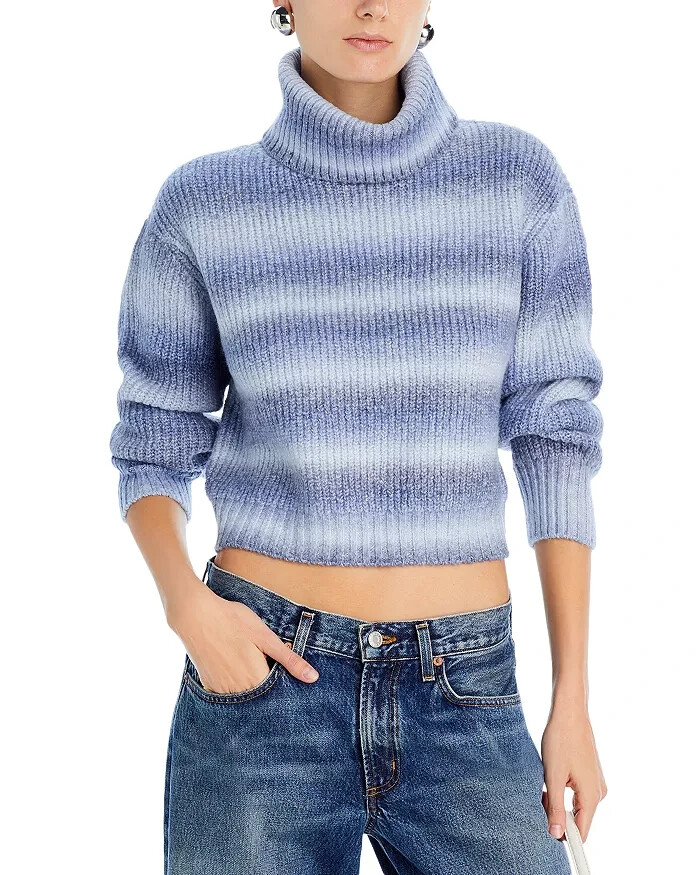 AQUA Ombre Turtleneck Sweater Women's XL Blue Combo Cropped Long Sleeve Pullover