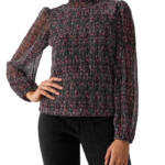 Sanctuary Night Dream Metallic Pleated Top Women's XXL Midnight Blue Multi L/S