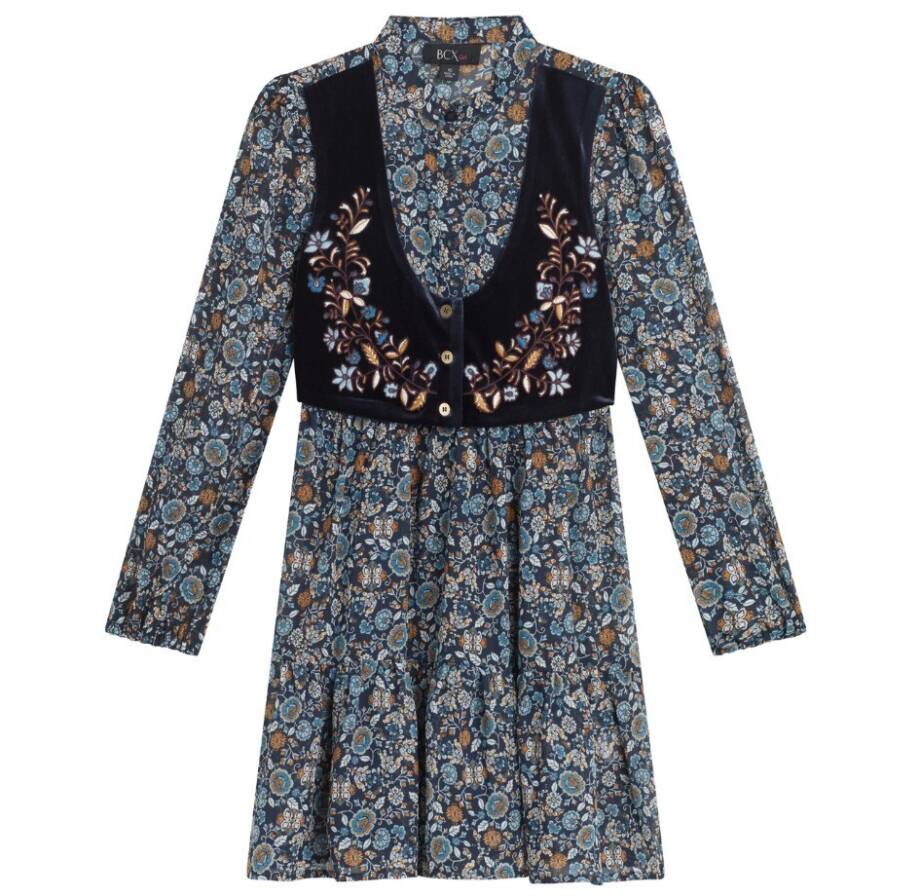 Beautees Chiffon Embroidered Velvet Faux Vest Dress Big Girls 10 Navy Multi L/S~