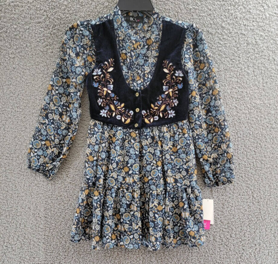Beautees Chiffon Embroidered Velvet Faux Vest Dress Big Girls 10 Navy Multi L/S~