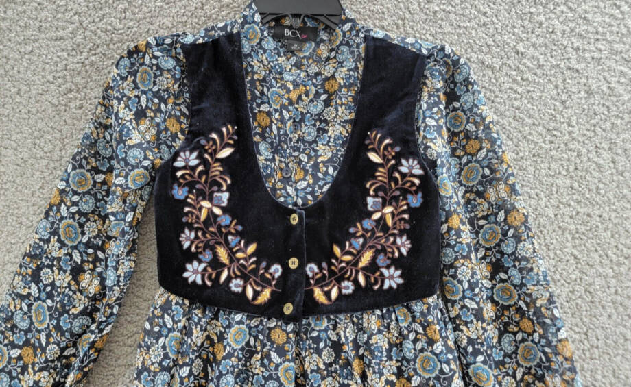 Beautees Chiffon Embroidered Velvet Faux Vest Dress Big Girls 10 Navy Multi L/S~
