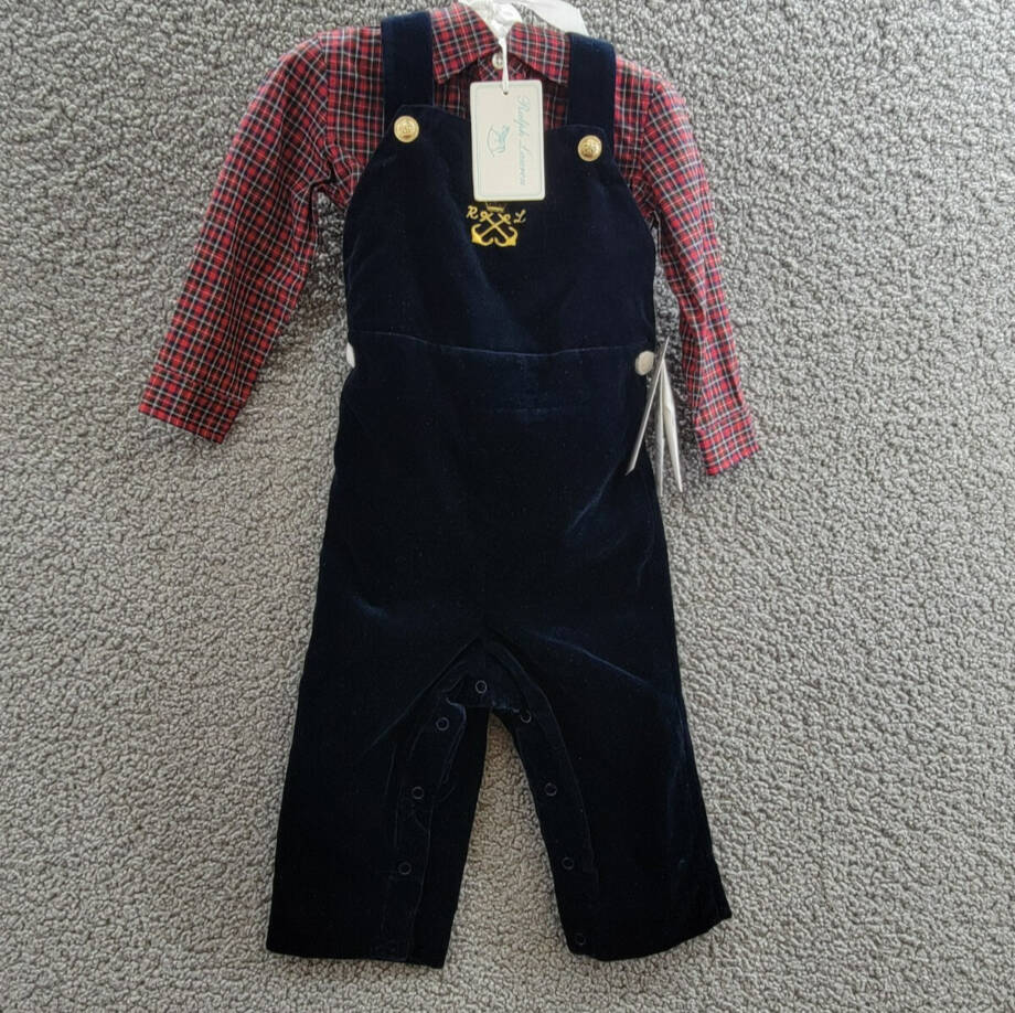 Ralph Lauren Plaid Shirt & Velvet Overall Set Baby Boys' 9M Navy Multi Snap L/S