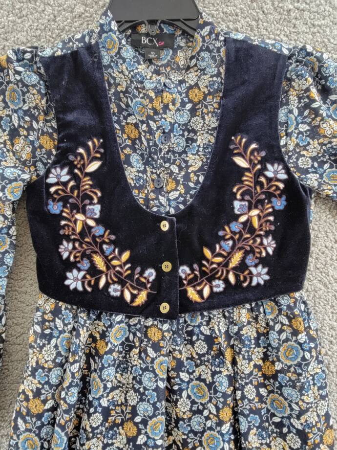 Beautees Chiffon Embroidered Velvet Faux Vest Dress Big Girls 10 Navy Multi L/S~