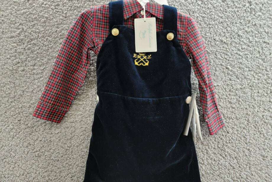 Ralph Lauren Plaid Shirt & Velvet Overall Set Baby Boys' 9M Navy Multi Snap L/S