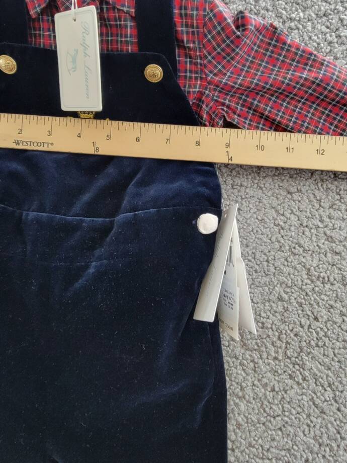 Ralph Lauren Plaid Shirt & Velvet Overall Set Baby Boys' 9M Navy Multi Snap L/S