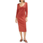 Three Dots V-Neck Midi Sweaterdress Women's S Russet Brown Long Sleeve Pullover