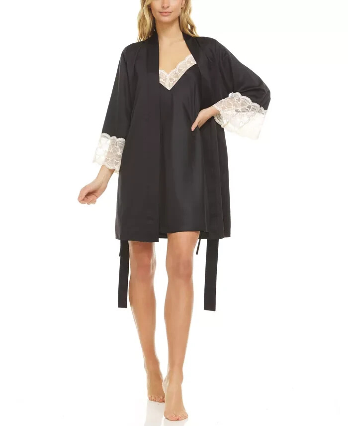 Flora by Flora Nikrooz Kit Heart Lace Matte Charmeuse Wrap Robe Women L/XL Black
