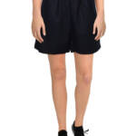 Aqua Linen Blend Mini Pleated Casual Short Women's M Navy Drawstring Pull On