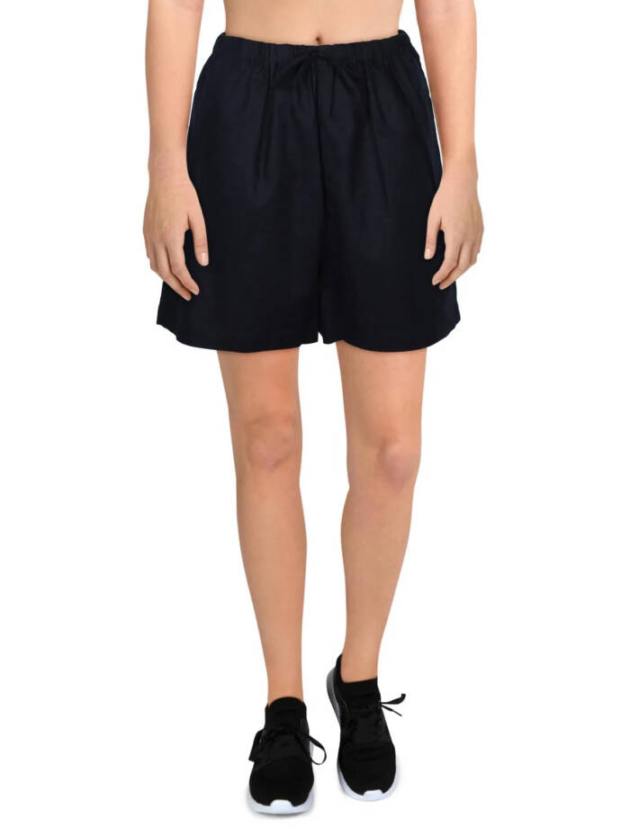 Aqua Linen Blend Mini Pleated Casual Short Women's M Navy Drawstring Pull On