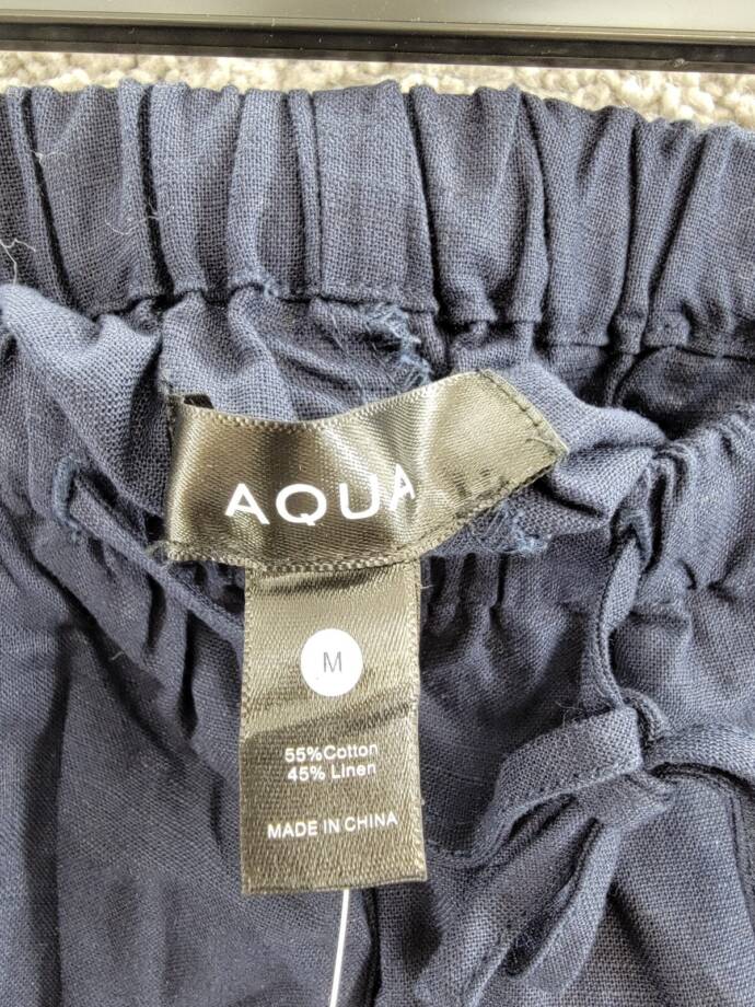 Aqua Linen Blend Mini Pleated Casual Short Women's M Navy Drawstring Pull On