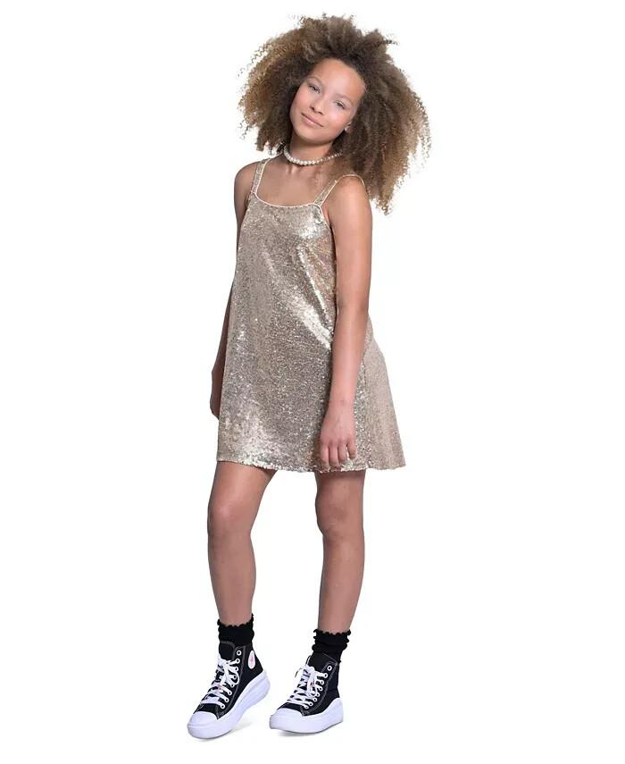 With Jules Sleeveless Sequin Swing Dress Big Girls M Gold Straight Neck Pullover