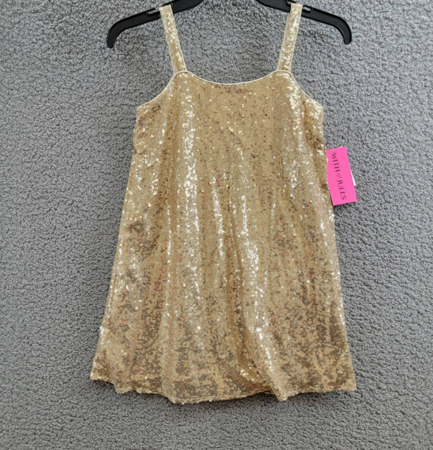 With Jules Sleeveless Sequin Swing Dress Big Girls M Gold Straight Neck Pullover