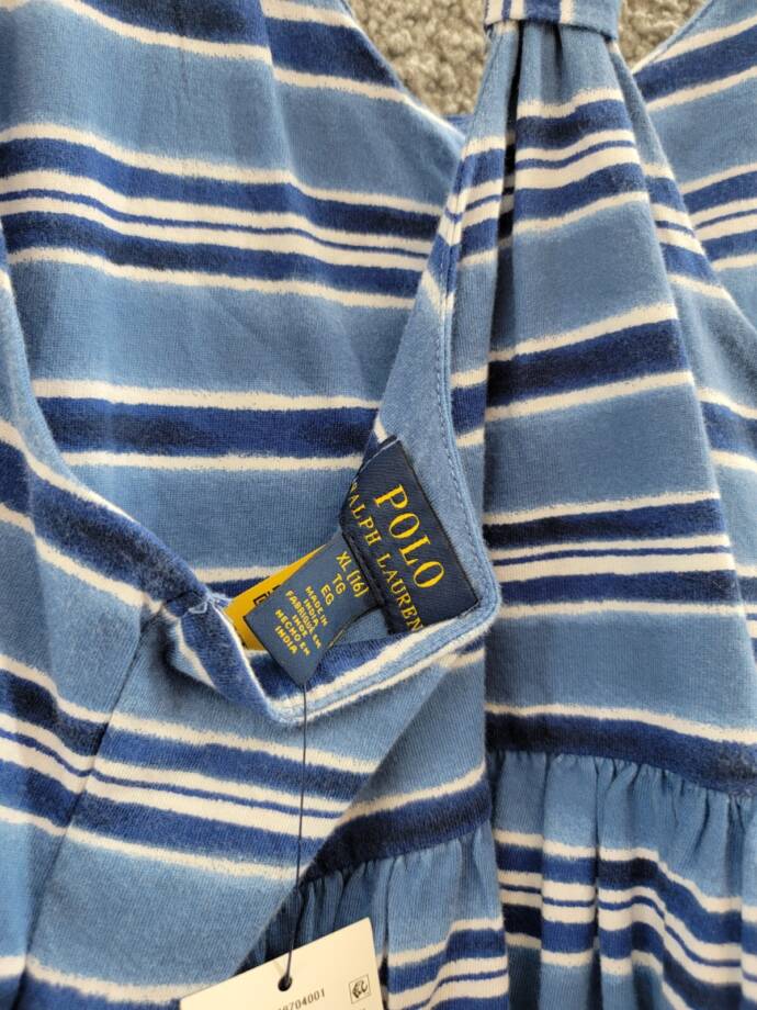 Polo Ralph Lauren Striped Cotton Jersey Dress Girl's XL (16) Blue/White Ruffled