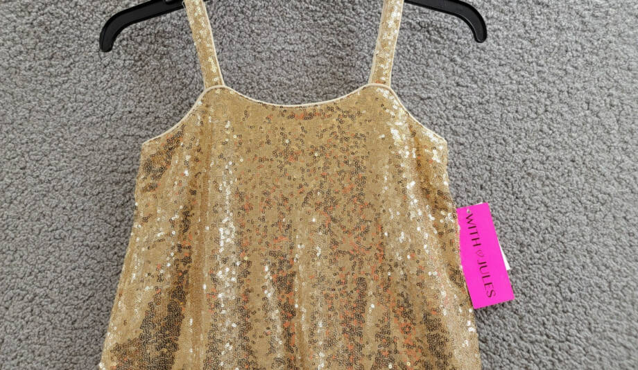 With Jules Sleeveless Sequin Swing Dress Big Girls M Gold Straight Neck Pullover