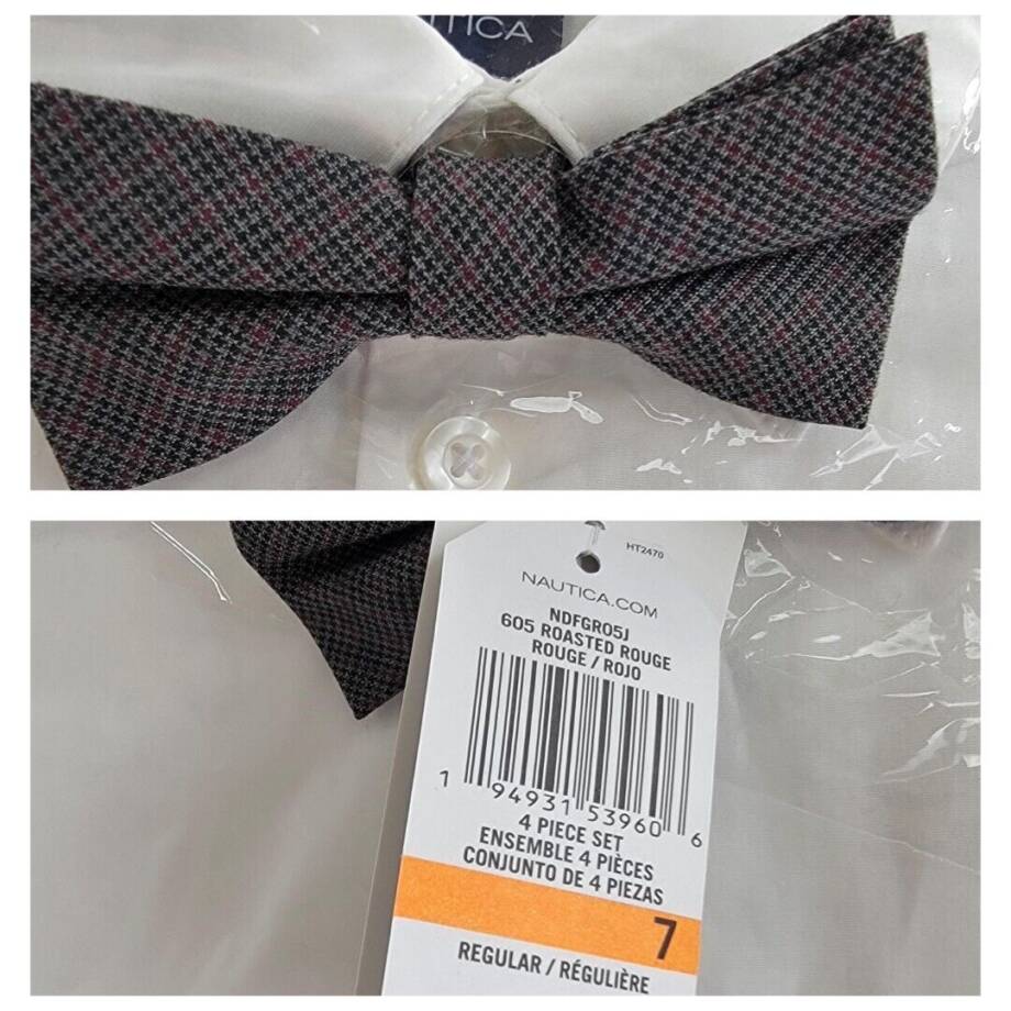 Nautica Shirt,Vest,Pants and Bow-Tie Set Little Boys 7 White/Dark Red/Gray