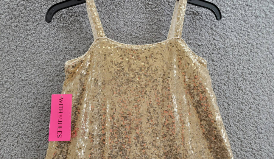 With Jules Sleeveless Sequin Swing Dress Big Girls M Gold Straight Neck Pullover