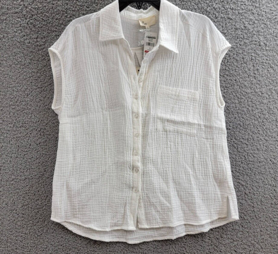 a. ren Woven Gauze Button Up Sleeveless Top Women's S Off White Patch Pocket