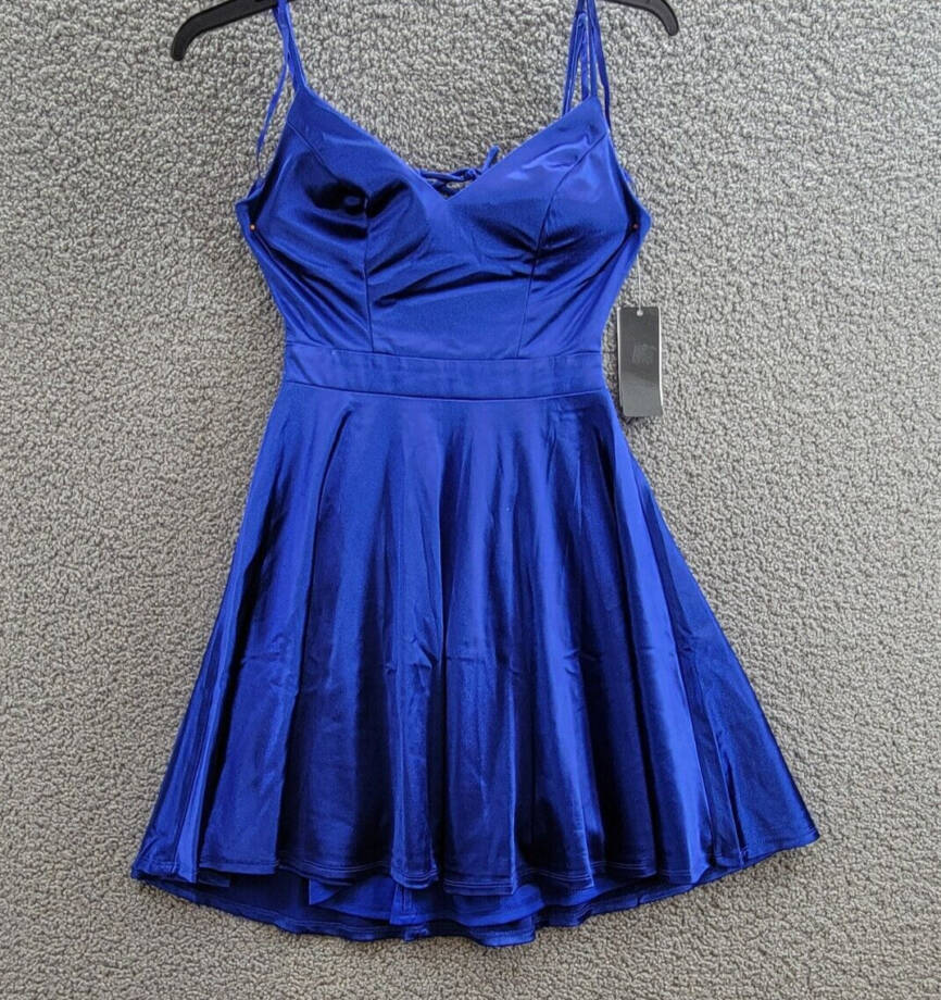 City Studio Satin Fit & Flare Dress Juniors' 0 Cobalt Blue V-Neck Zip Lace Back