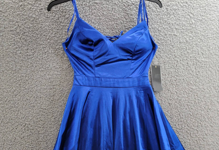 City Studio Satin Fit & Flare Dress Juniors' 0 Cobalt Blue V-Neck Zip Lace Back