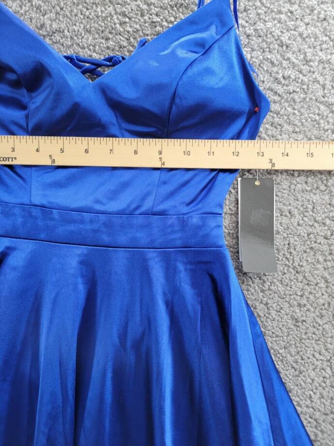 City Studio Satin Fit & Flare Dress Juniors' 0 Cobalt Blue V-Neck Zip Lace Back