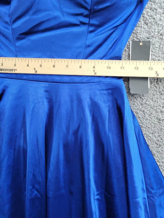 City Studio Satin Fit & Flare Dress Juniors' 0 Cobalt Blue V-Neck Zip Lace Back