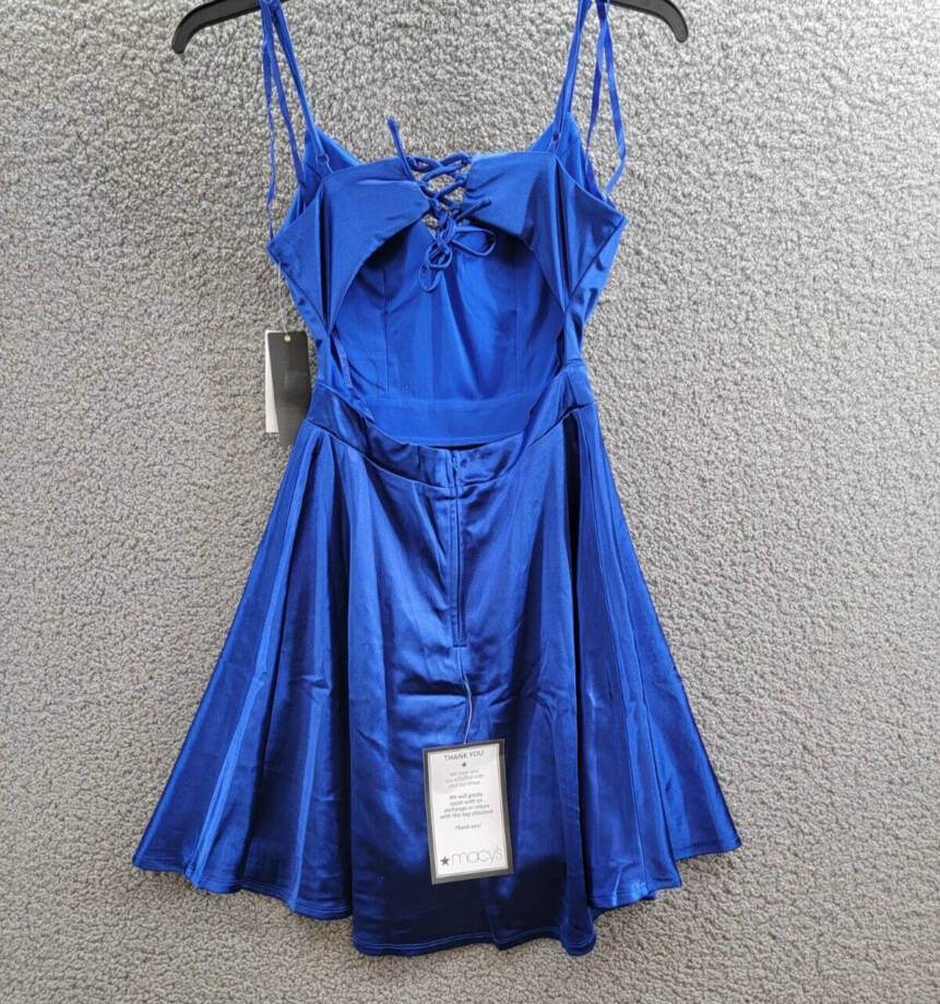 City Studio Satin Fit & Flare Dress Juniors' 0 Cobalt Blue V-Neck Zip Lace Back