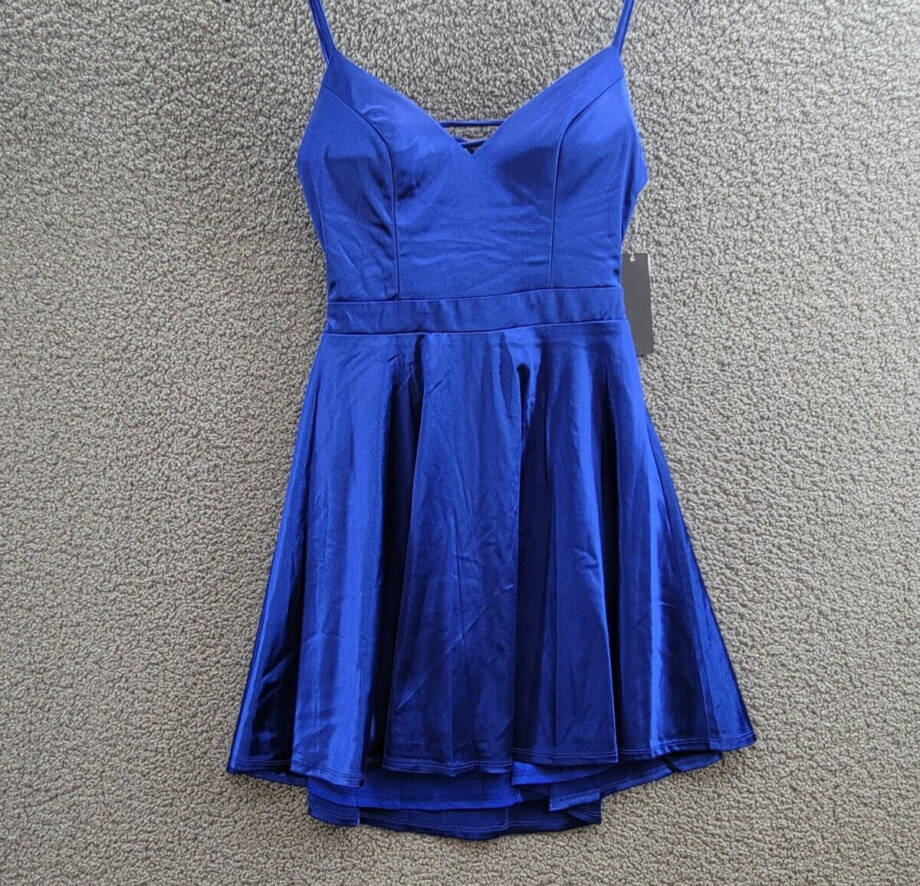 City Studio Satin Fit & Flare Dress Juniors' 3 Cobalt Blue V-Neck Zip Lace Back