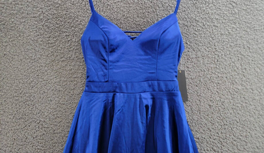 City Studio Satin Fit & Flare Dress Juniors' 3 Cobalt Blue V-Neck Zip Lace Back