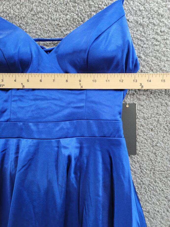 City Studio Satin Fit & Flare Dress Juniors' 3 Cobalt Blue V-Neck Zip Lace Back
