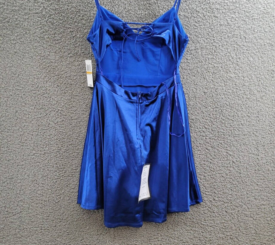 City Studio Satin Fit & Flare Dress Juniors' 3 Cobalt Blue V-Neck Zip Lace Back