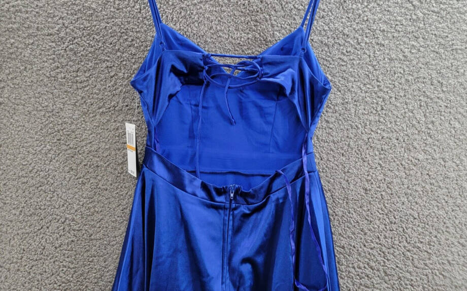City Studio Satin Fit & Flare Dress Juniors' 3 Cobalt Blue V-Neck Zip Lace Back