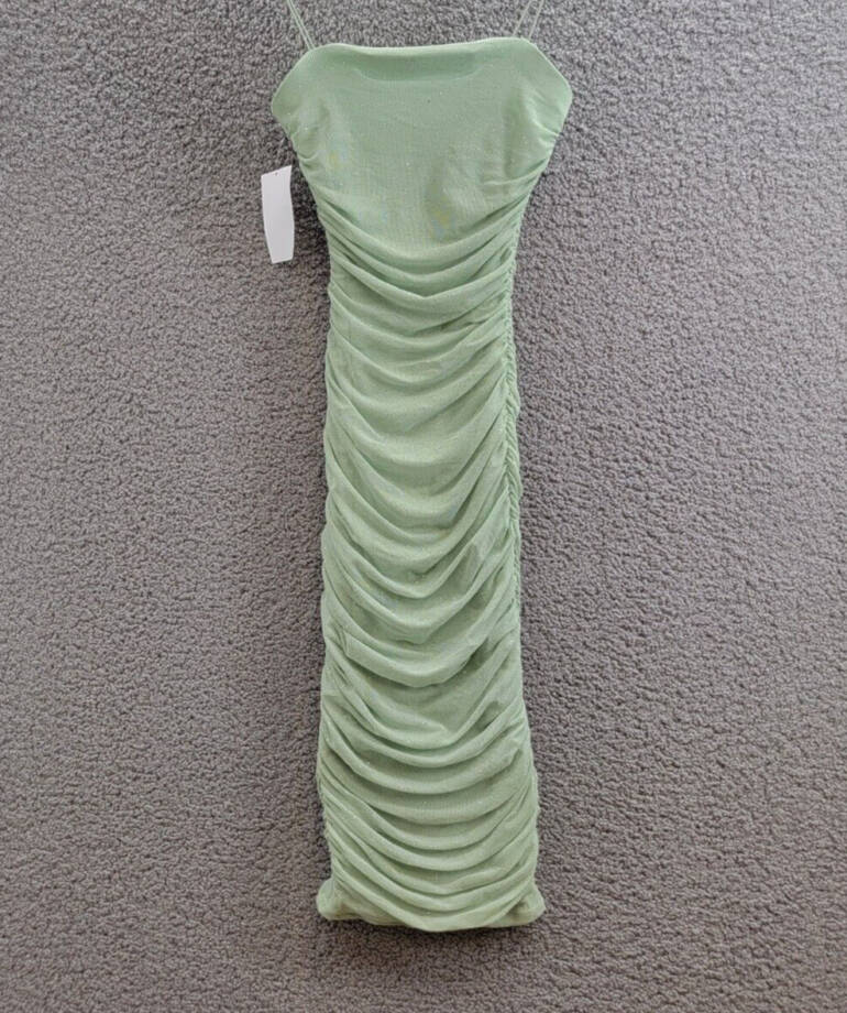 B Darlin Square-Neck Glitter Ruched Mesh Dress Juniors' XS Sage Back Zip Closure