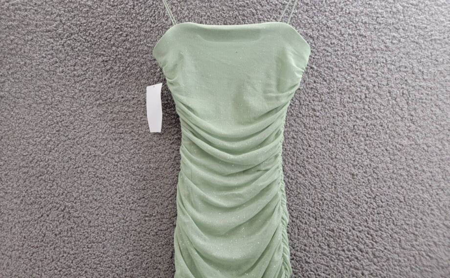 B Darlin Square-Neck Glitter Ruched Mesh Dress Juniors' XS Sage Back Zip Closure