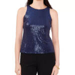 MSK Petite Sequin Sleeveless Round-Neck Keyhole Top Women's MP Blue Pullover