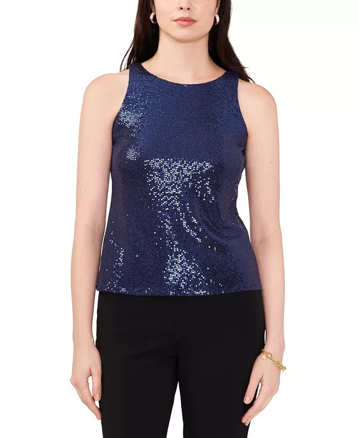 MSK Petite Sequin Sleeveless Round-Neck Keyhole Top Women's MP Blue Pullover